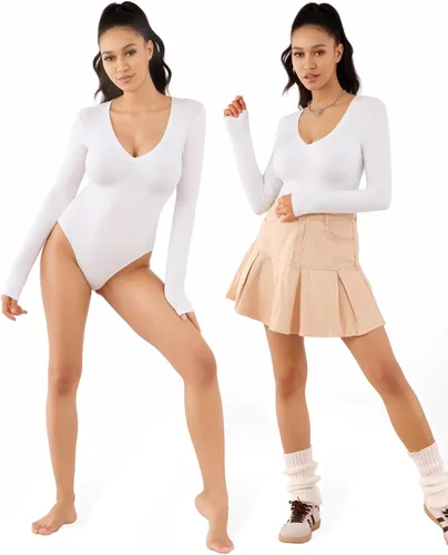 Vista 2 de MANGOPOP - Body de manga larga y manga corta, con cuello en V profundo para mujer