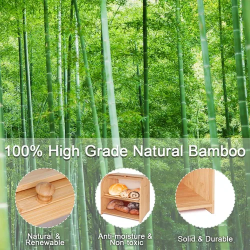 Vista 7 de Purbambo Panera de bambú para encimera de cocina, rollo de doble capa superior para pan, contenedor de almacenamiento de alimentos con estante