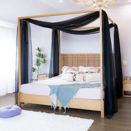 Vista 6 de Linentalks Cortinas de cama negras para cama individual, bufanda de cama transparente de lujo, cortinas de cama con cenefa, cortinas de cama