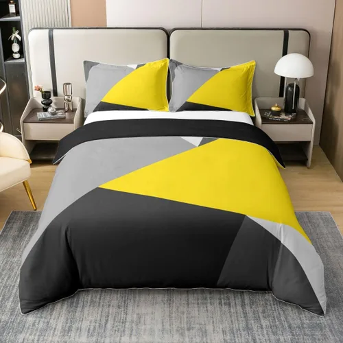 Vista 23 de Funda de edredón de triángulo geométrico 100% algodón, color naranja, gris oscuro, gris claro, juego de ropa de cama individual para adolescentes