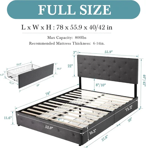 Vista 78 de HOOMIC Base de cama de almacenamiento de plataforma de tamaño matrimonial con 4 cajones y cabecera ajustable, listones de madera, no necesita