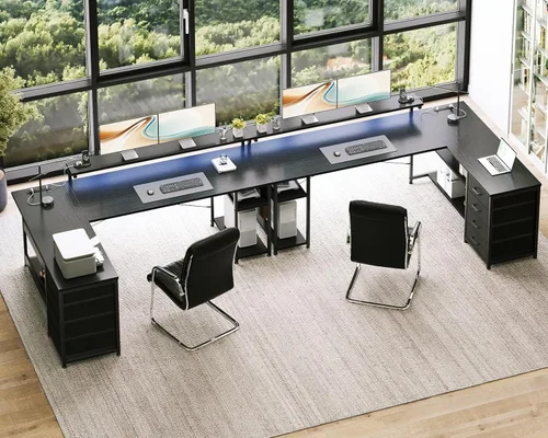 Vista 9 de AODK 61" L Shaped Desk with Drawer, Computer Desk with Power Outlets & LED Lights, Reversible Corner Gaming Desk for Home Office Workstation, Office