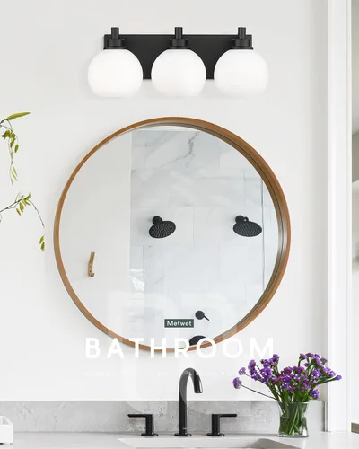 Vista 5 de Accesorios de Iluminación de Baño, Luz de Tocador de 3 Luces Negro Mate, Apliques de Pared Modernos con Soporte de Vidrio Esférico Blanco Leche