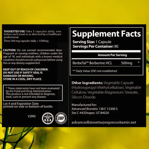 Vista 2 de Advanced Bionetix Suplemento de berberina micronizada de biodisponibilidad avanzada de 1500 mg All Natural w/BerbeTal™ Support. 90 cápsulas totales