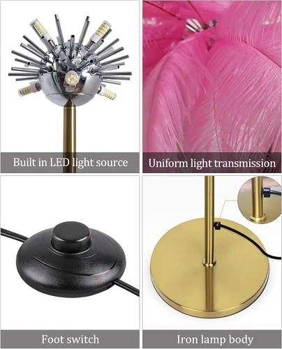 Vista 6 de Lámpara de plumas de avestruz, lámpara de pie con acabado dorado, regulable con interruptor de pie, lámpara de pie para dormitorio, lámpara