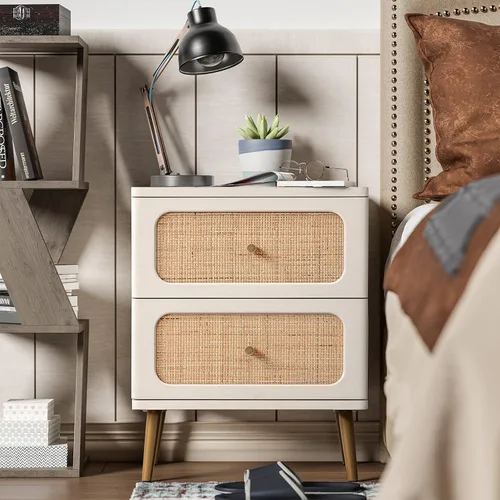 Vista 34 de LONYKE Cómoda de mimbre de ratán, cómoda de 3 cajones, gabinete de almacenamiento de madera con acabado blanco crema, mesa decorativa moderna