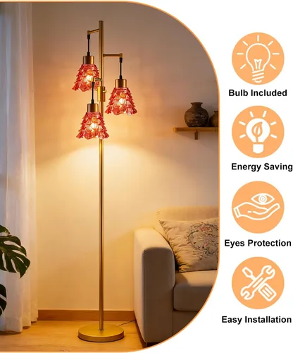 Vista 5 de Lámparas de pie de cristal para sala de estar, lámpara de pie regulable de 3 luces de 67 pulgadas con pantalla de cristal rojo rosa y bombillas E12