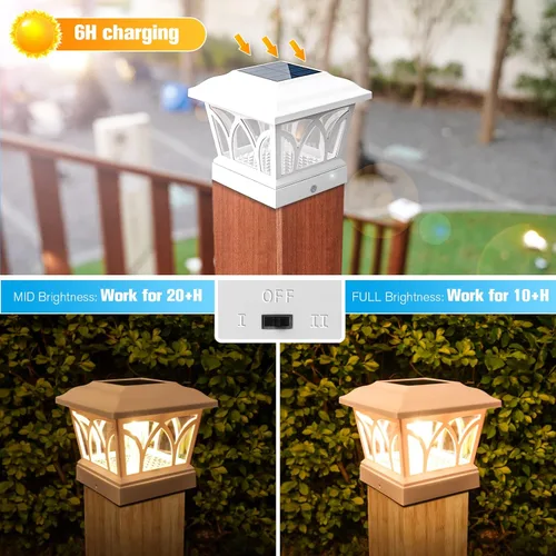 Vista 2 de VOLISUN Paquete de 4 luces solares para postes para exteriores, con bombillas LED Edison, 2 ajustes de brillo, luces para poste de valla alimentadas
