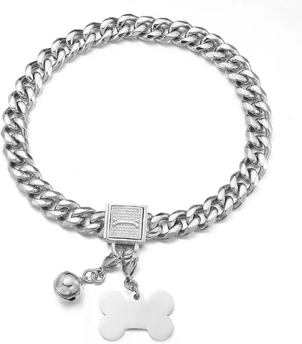 Vista 9 de Collar de cadena de perro resistente, de acero inoxidable con oro de 18 quilates, collar de ahorque, con hebilla de seguridad de diamantes