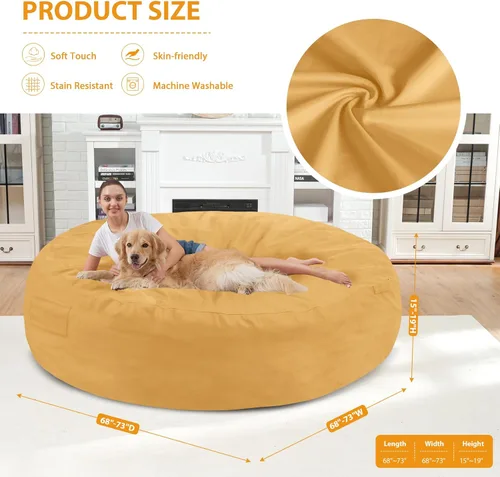 Vista 228 de Puf de 5 pies, puf grande con relleno de espuma viscoelástica, sofá puff esponjoso con funda de terciopelo holandés, puf redondo para sala de estar