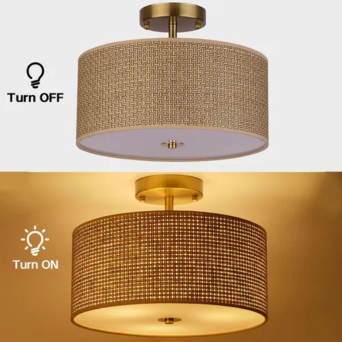 Vista 2 de Lámpara de techo de 13" de ratán tejido estilo boho, lámpara moderna de 3 luces de montaje semiempotrado con pantalla de tela en forma de tambo