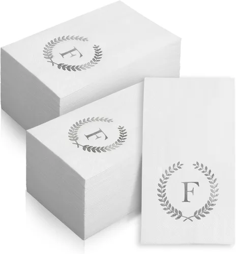 Vista 15 de Paquete de 200 servilletas desechables con monograma de papel de aluminio plateado con letra C para invitados, toallas de papel desechables