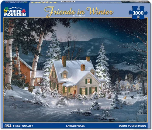 Vista 2 de White Mountain Puzzles Friends in Winter - Rompecabezas de 1000 piezas