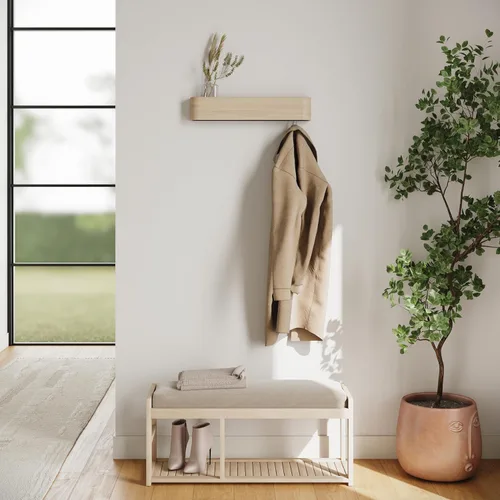 Vista 6 de Kazai. Perchero de pared 'Toke' – Perchero de diseño moderno con ganchos ocultos de pared – Perchero de panel de chapa de madera maciza – Roble