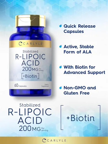 Vista 4 de Carlyle Ácido R-lipoico 200mg 60 cápsulas RLA estabilizado con biotina Sin OMG, sin gluten
