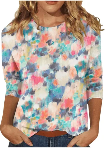 Camisetas de manga 34 para mujer con estampado de flores, blusas casuales de talla grande