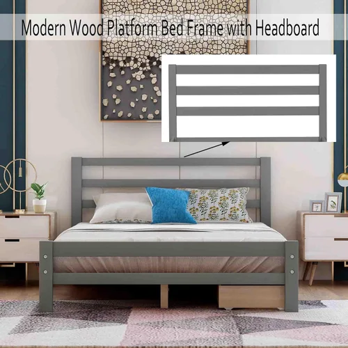 Vista 4 de Base de cama con 2 cajones, base de cama moderna de plataforma de madera con cabecero para niños, adolescentes y adultos, base de colchón Camas, sin