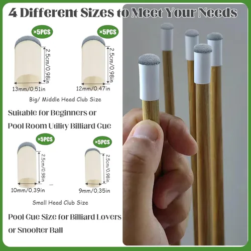 Vista 2 de Juego de 20 puntas de taco de billar, 4 tamaños, kit de repuesto de puntas de cola de billar, kit de reparación de tacos de billar, accesorios