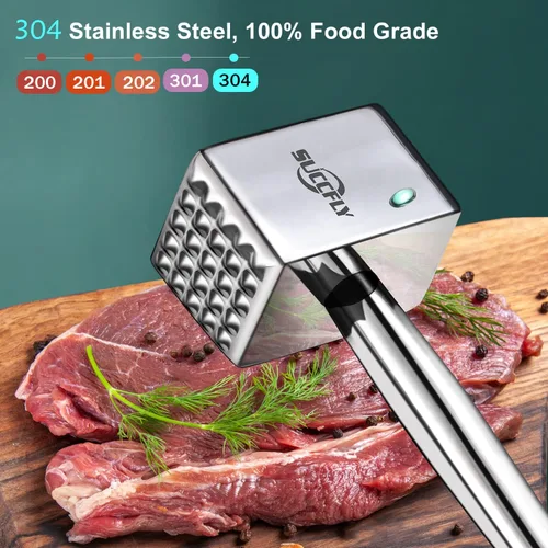 Vista 2 de Ablandador de carne de acero inoxidable, martillo de carne resistente, mazo de carne de cocina, 1.65 libras, martillo con peso, mango extendido