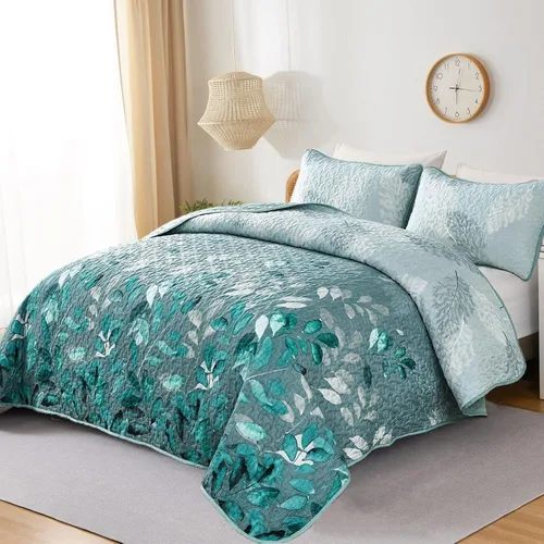 WONGS BEDDING Juego de edredón floral tamaño Queen, 3 piezas, colcha con hojas botánicas en color agua, juego de edredón con 2 fundas de almohada