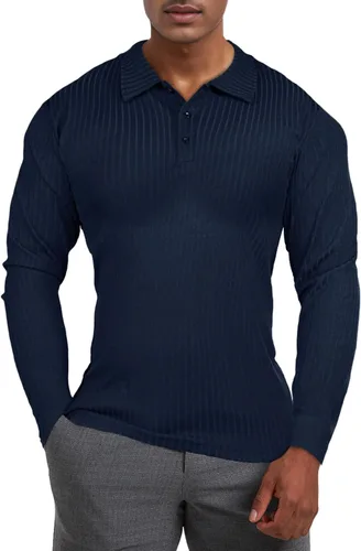 GINGTTO Mens Long Sleeve Polo Shirts with Collar Slim Fit Muscle Fitted Polo for Men Ribbed