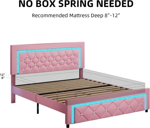 Vista 6 de BarnFurin Base de cama Queen con luces LED, plataforma tapizada con cabecera capitonada de diamante, no necesita somier, sin ruido, fácil montaje
