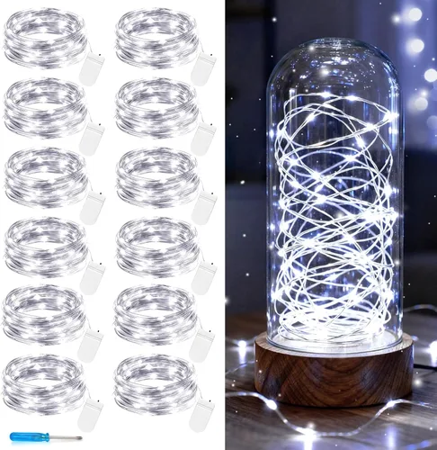 Vista 12 de VOOKRY Paquete de 12 Luces de Hadas que Funcionan con Pilas, 30 LEDs Mini Luces de Cadena Estrelladas de Alambre de Cobre Plateado de 10 pies