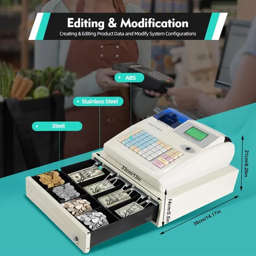 Vista 7 de Caja registradora Sistema de gestión de efectivo electrónica con cajón de efectivo, llaves y contraseñas para abrir, 7 métodos de pago