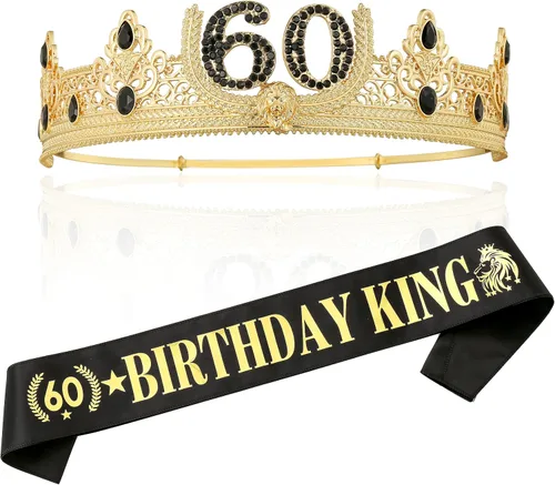 Corona de rey de cumpleaños número 60 y banda de rey de cumpleaños, regalos de cumpleaños 60 para hombres, decoración de fiesta de cumpleaños para