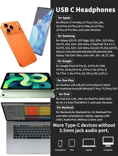Vista 4 de Auriculares USB C con cable para Samsung S25 FE S24 Ultra A16 A17 S23 S22 S21, micrófono estéreo de alta fidelidad con control de volumen