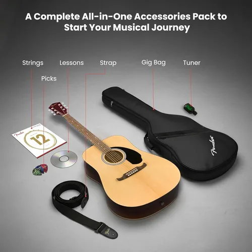 Vista 2 de Fender Guitarra acústica FA-125 Dreadnought - Paquete natural con estuche, afinador, correa, cuerdas, púas y DVD instructivo de Austin Bazaar