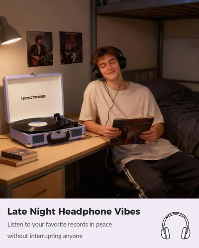 Vista 11 de Suitcase - Tocadiscos Bluetooth, reproductor de discos de vinilo portátil con altavoces estéreo integrados, tocadiscos retro de 3 velocidades