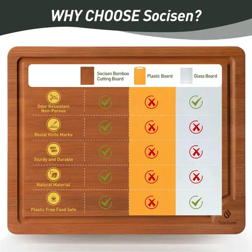 Vista 6 de Tabla de cortar de bambú extra grande con pies antideslizantes y tabla de cortar de madera para cocina con ranura de jugos para carne, verduras