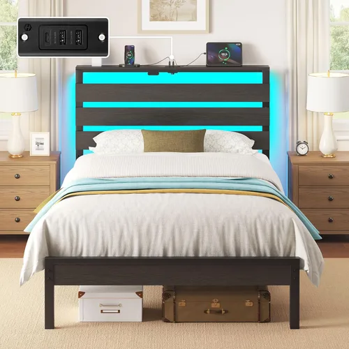 Vista 29 de Rolanstar Base de cama individual con 4 cajones, luces LED y estación de carga, plataforma de metal con cabecera de almacenamiento, sin ruido, fácil