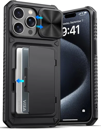 Vista 75 de ATATOO Funda para iPhone 16 con tarjetero (almacena 3-5 tarjetas) [bloqueo RFID] y funda para cámara deslizante, protección de grado militar, funda