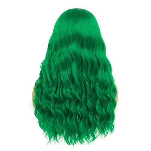 Vista 3 de Peluca larga y ondulada verde para mujer, parte media, disfraz de cosplay, peluca de repuesto de cabello sintético