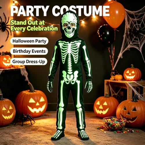 Vista 6 de Disfraz de esqueleto de Halloween para niños, body de esqueleto que