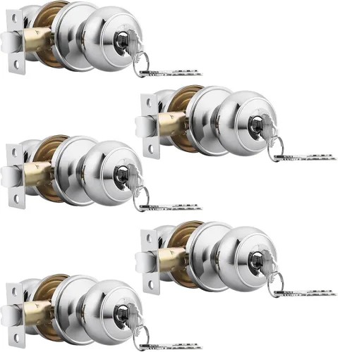 Vista 11 de Probrico (Paquete de 6) Perillas de puerta de entrada redondas de níquel satinado con llave, manijas de puerta interior/exterior para dormitorio