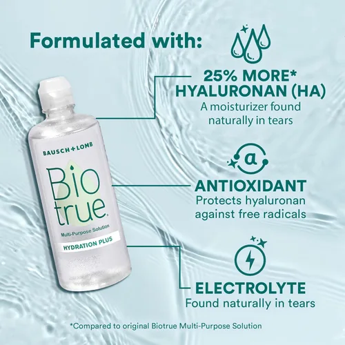 Vista 3 de Biotrue Hydration Plus Solución de lentes de contacto, multiusos para lentes suaves, hidrata con hialuronano, limpia, limpia y desinfecta