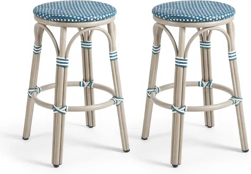 Vista 36 de PURPLE LEAF Patio French Round 26" Counter Stool Set of 2 Large Rattan Backless Stackable Barstools Bamboo Print Aluminum Frame Footrest with Woven
