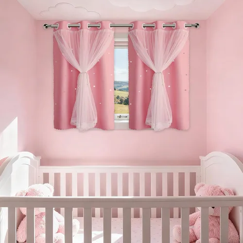 Vista 12 de Lindas cortinas opacas para dormitorio de niñas, diseño estético negro con doble capa con superposición transparente, 45 pulgadas de largo, 2