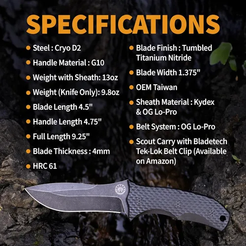 Vista 7 de Off-Grid Knives - Backcountry Blackout V2 Fixed Blade with Cryo D2 Blade Steel, Full Tang, Grippy G10 Scales, Kydex Sheath with Lo-Pro Belt Clip