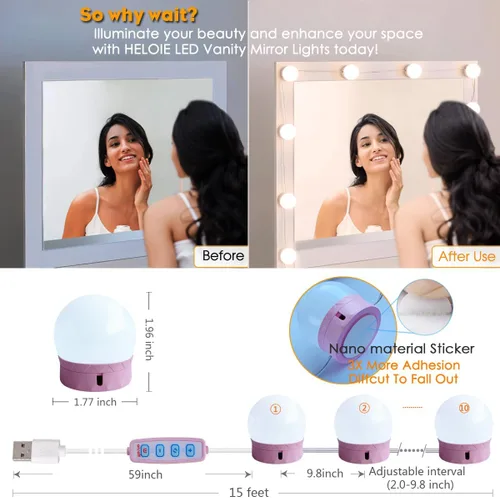 Vista 2 de Luces LED para Espejo de Tocador, Luces de Tocador para Iluminación de Espejo de Maquillaje, 10 Bombillas Regulables, Color de Luz y Brillo