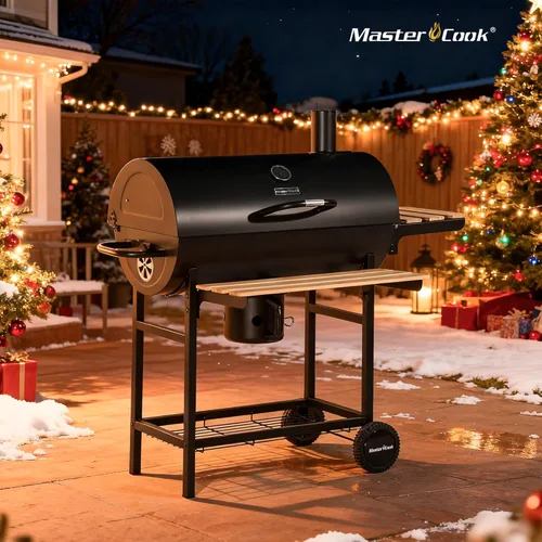 Vista 9 de MASTER COOK Parrilla de carbón de barril con estante frontal plegable de madera, 686 pies cuadrados área de cocción al aire libre, termómetro