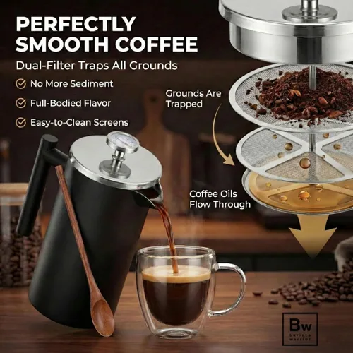 Vista 3 de Barista Warrior Cafetera de prensa francesa de acero inoxidable con termómetro integrado, diseño de doble pared aislada, sistema de filtro doble