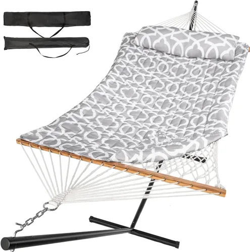 Vista 11 de Everyfun - Hamaca para 2 personas al aire libre con soporte, hamaca de cuerda de algodón con almohadilla de poliéster, estructura de acero