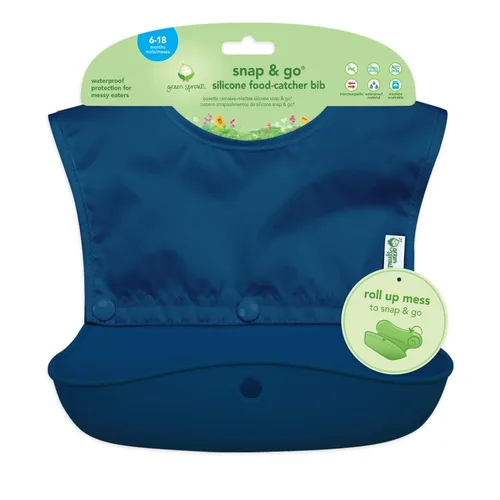 Vista 4 de green sprouts Snap & Go - Babero de silicona para atrapar alimentos, parte superior suave, impermeable + cuchara de silicona, enrollable para un
