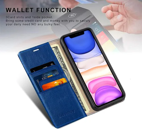 Vista 5 de Belemay Funda compatible con iPhone 15 Pro, piel auténtica, tarjetero con bloqueo RFID, carcasa de poliuretano termoplástico a prueba de golpes