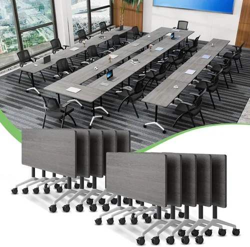 Vista 48 de Mesa de sala de conferencias, mesa de conferencias plegable móvil con ruedas, modernas mesas de entrenamiento apilables con parte superior abatible
