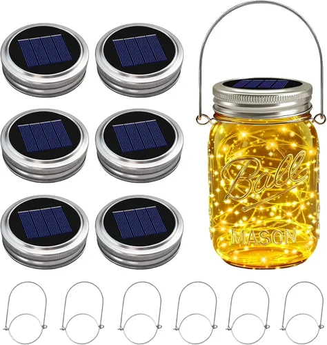 Vista 11 de VOOKRY Paquete de 6 luces solares para tarros de masón, 30 tapas LED para tarros de masón, impermeables, con 6 ganchos (sin tarros), para patio al